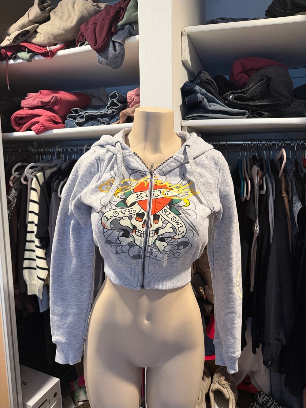 Ed Hardy Women's Light Gray Teddy Jacket with Cream Sherpa Lining